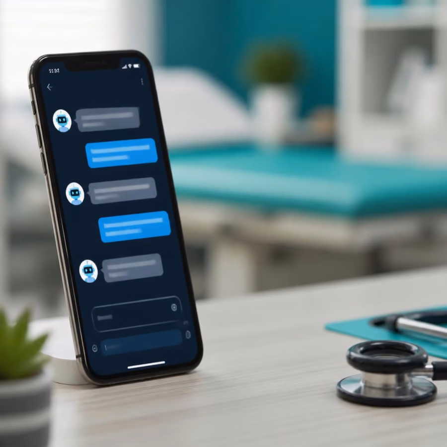 Smartphone en el escritorio de un consultorio médico mostrando una conversación de WhatsApp atendida por un asistente de Inteligencia Artificial