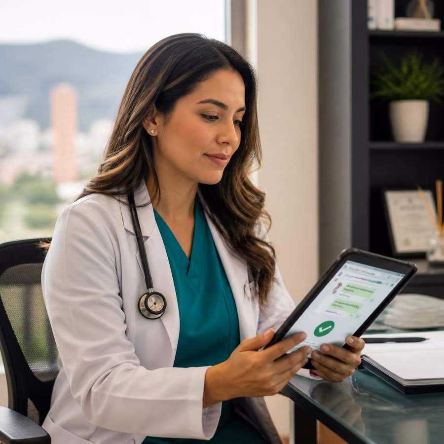 Médica revisando en una tablet una conversación de WhatsApp atendida por la IA de MediNova en un consultorio de Bogotá