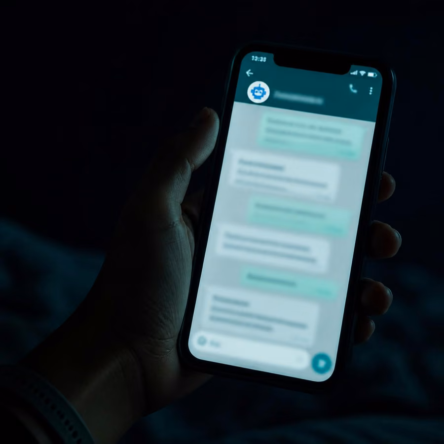 Pantalla de smartphone mostrando una conversación de WhatsApp atendida automáticamente por IA a las 11 de la noche